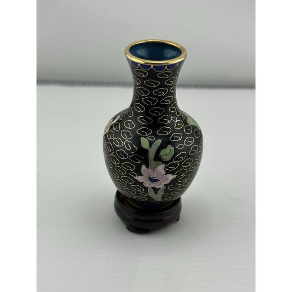 Vintage Mini Chinese Enameled Cloisonne Vase w/ Stand 3 inch Black Pink Lotus - Picture 6 of 7